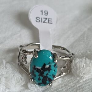 NWT Turquoise Faux Stone Silver Leafy Organic Design Ring Size 19 US Sz 9 to 9.5